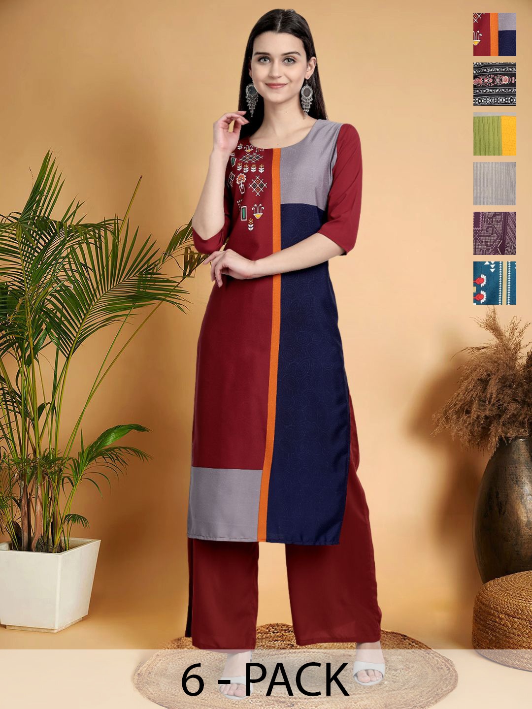 

7Threads Selection Of 6 Ethnic Motifs Printed Round Neck Straight Kurtas, Maroon