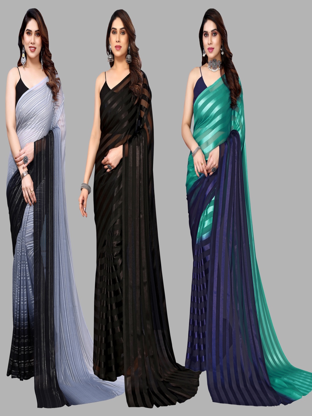 

ANAND SAREES Striped Satin Saree, Grey