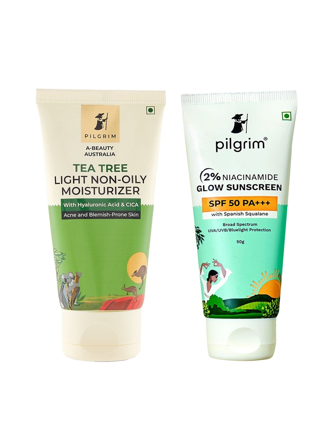 

Pilgrim Set of Tea Tree Moisturiser 80g & 2% Niacinamide SPF50 PA+++ Glow Sunscreen 50g, Green