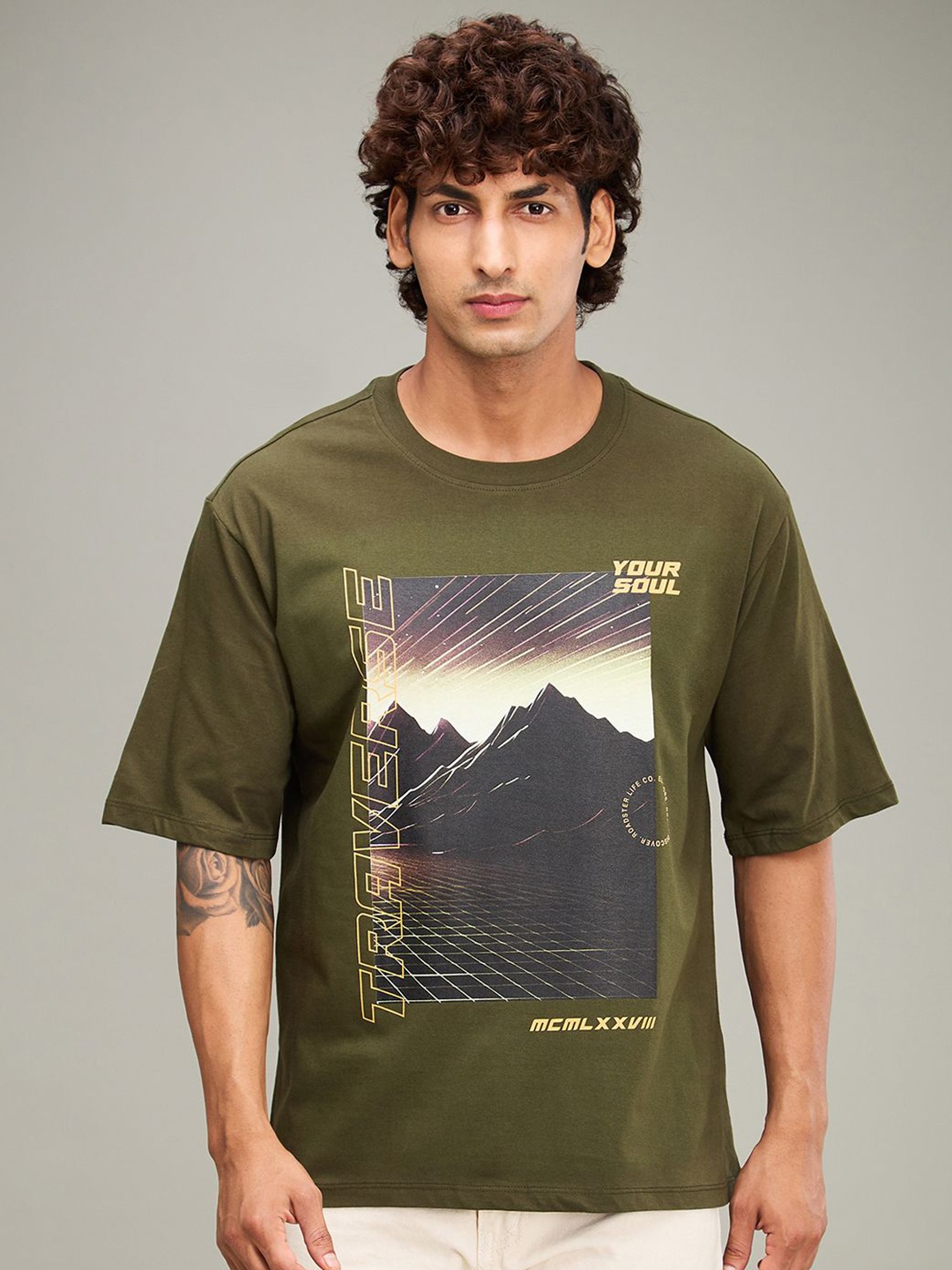

The Roadster Lifestyle Co. Men Graphic Printed Round Neck Cotton Relaxed Fit T-shirt, Olive