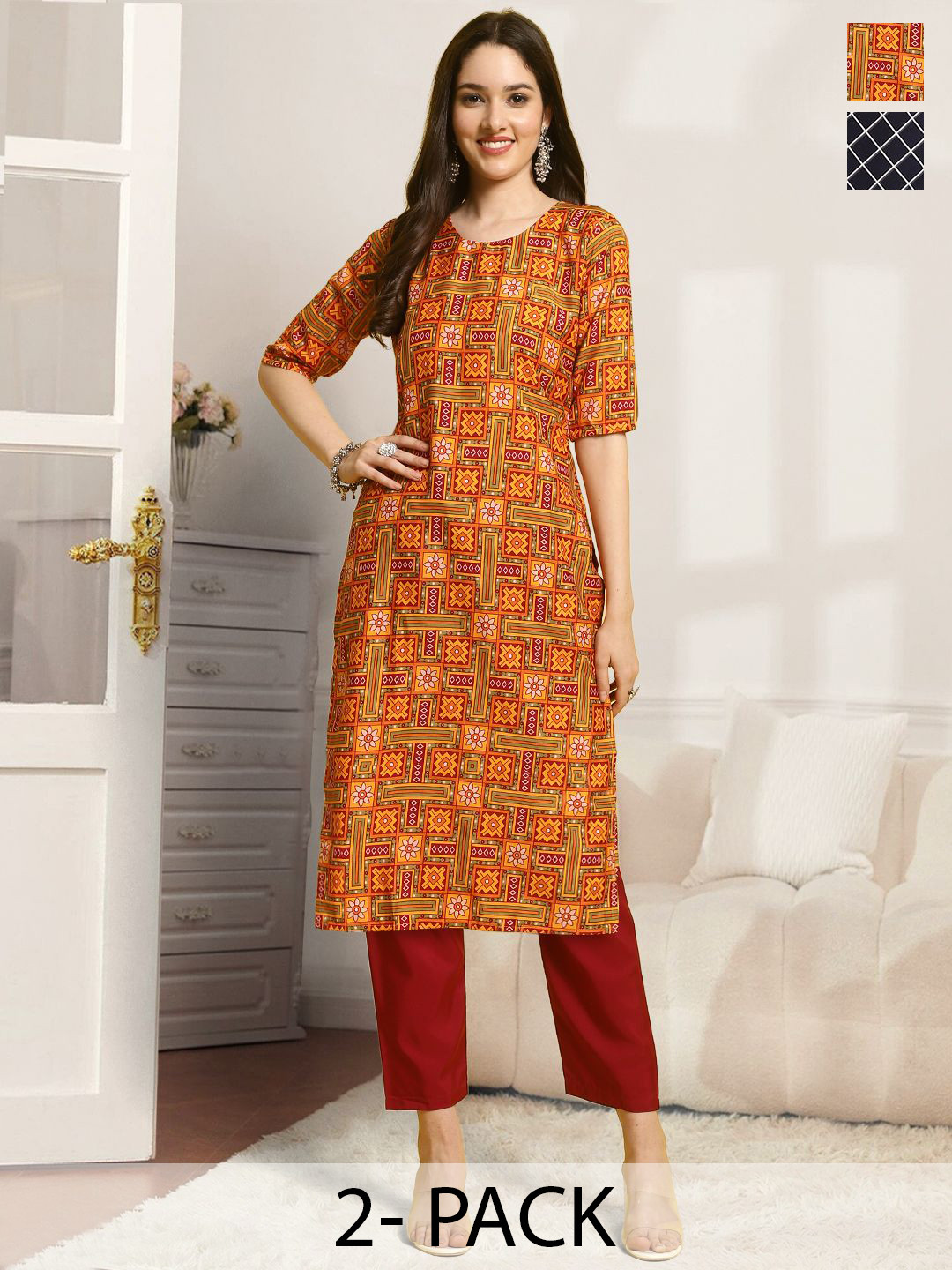 

7Threads Selection Of 2 Ethnic Motifs Printed Round Neck Straight Kurtas With Trousers, Orange