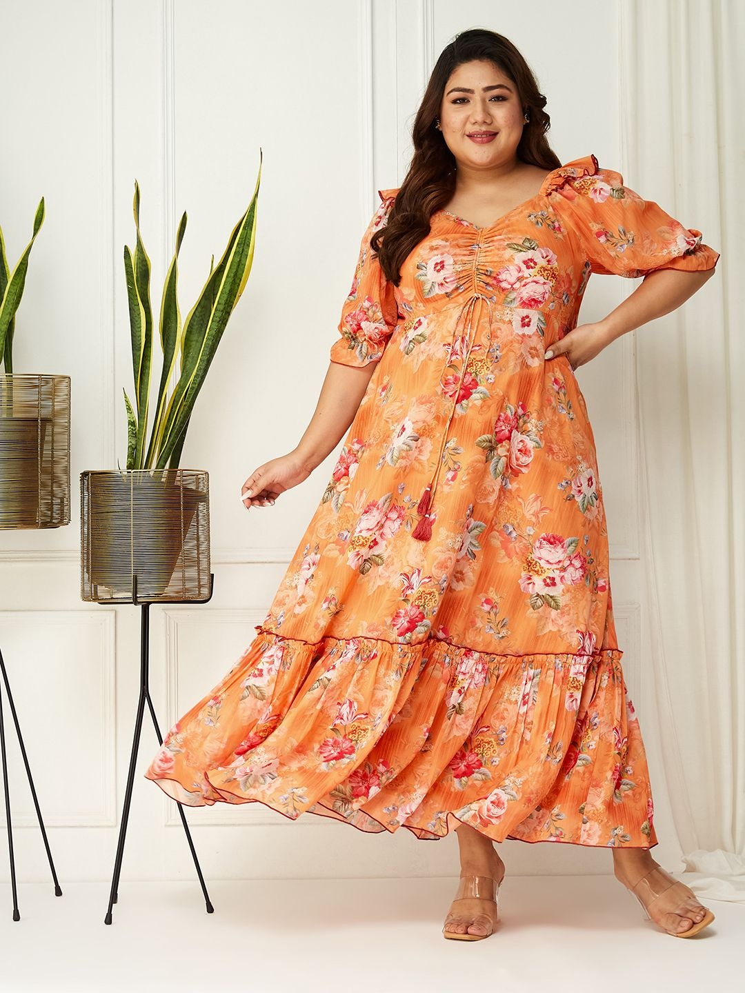 

Miss Chase A+ Floral Print Flared Sleeve Georgette Maxi Dress, Orange