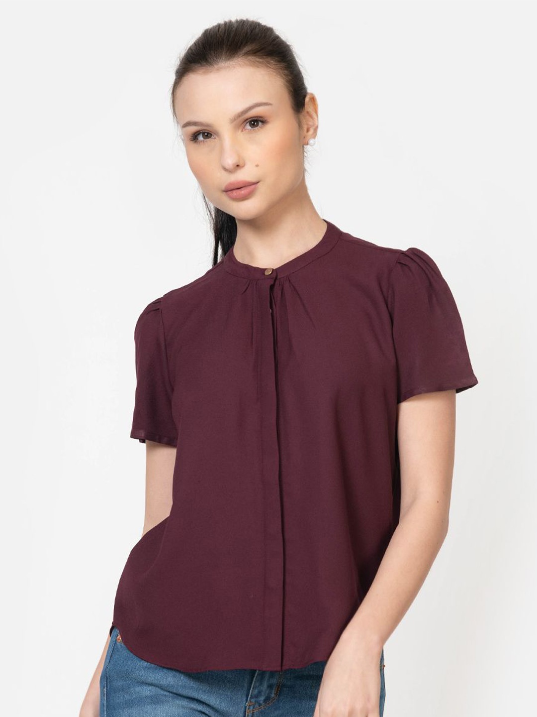 

June 9 Clothing Women Classic Band Collar Solid Casual Shirt, Burgundy