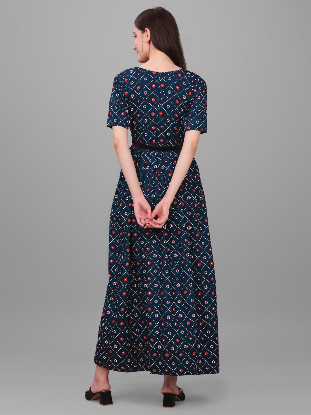 

Sashay Boutique Ethnic Motifs Printed Round Neck A-Line Kurta, Navy blue