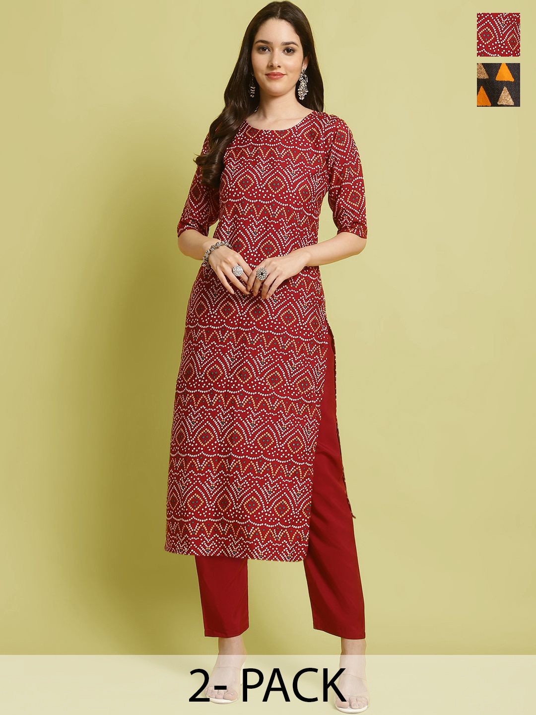 

7Threads Selection Of 2 Bandhani Printed Straight Kurta With Trousers, Red