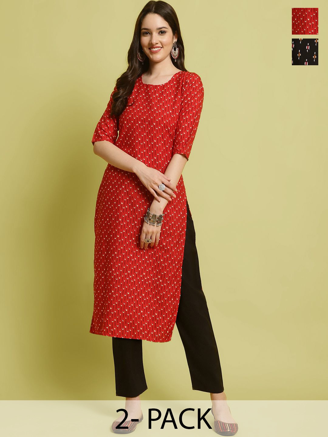 

7Threads Selection Of 2 Floral Printed Straight Kurta With Trousers, Red