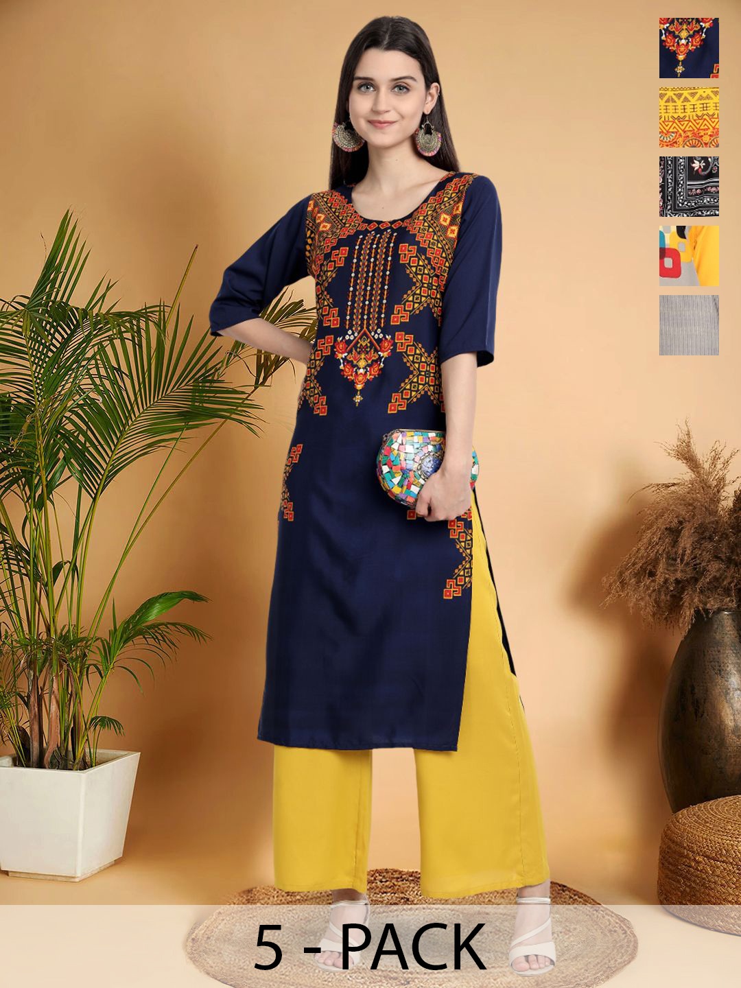 

7Threads Selection Of 5 Ethnic Motifs Printed Round Neck Straight Kurtas, Navy blue