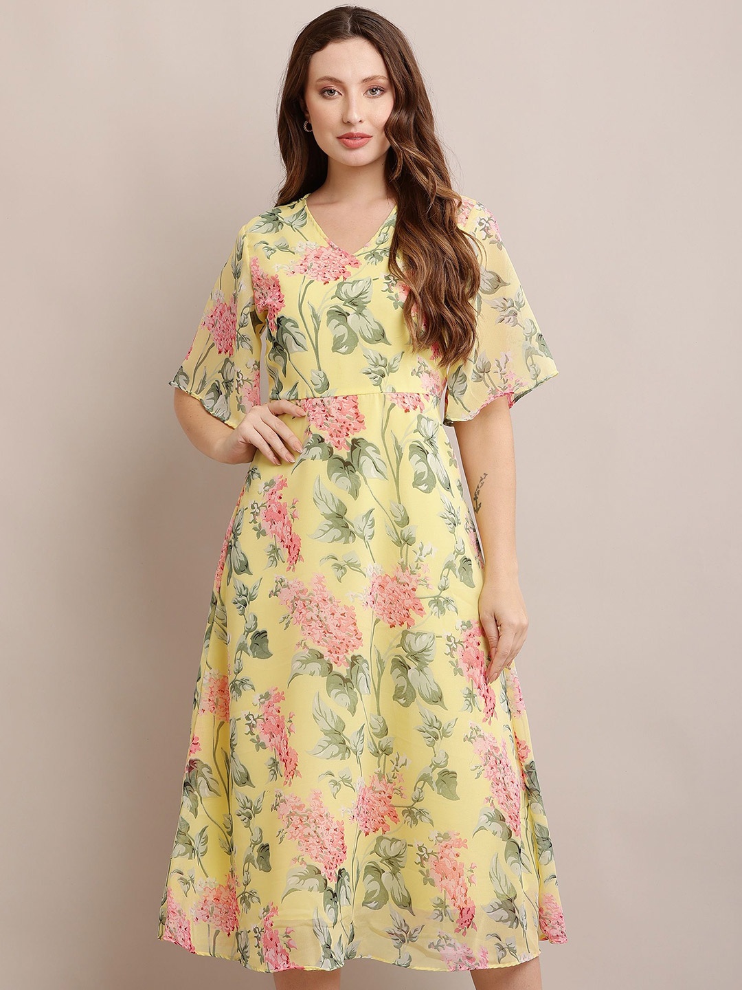 

SHAHVEER CREATION Floral Print Georgette Fit & Flare Midi Dress, Yellow