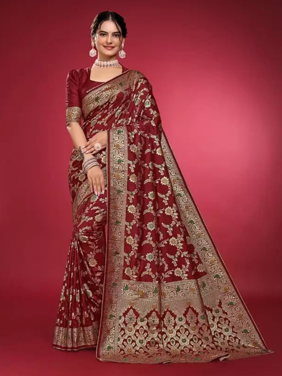 

Florence Woven Design Pure Silk Fusion Saree, Maroon