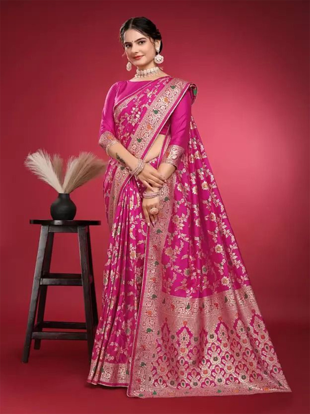 

Florence Woven Design Pure Silk Fusion Saree, Pink
