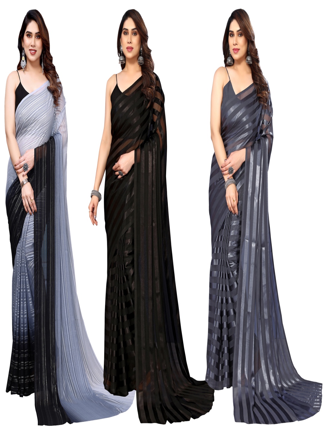 

ANAND SAREES Striped Satin Saree, Black