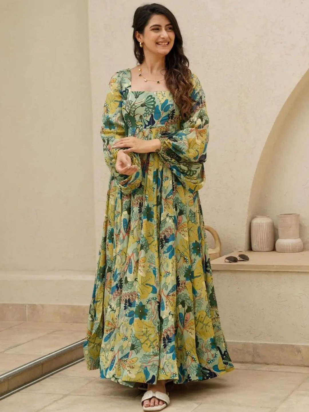 

WHATNOT STYLE Floral Print Puff Sleeve Formal Maxi Dress, Green