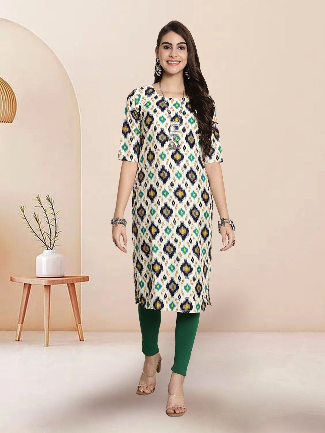 

7Threads Selection of 3 Ethnic Motifs Printed Round Neck Straight Kurtas, White