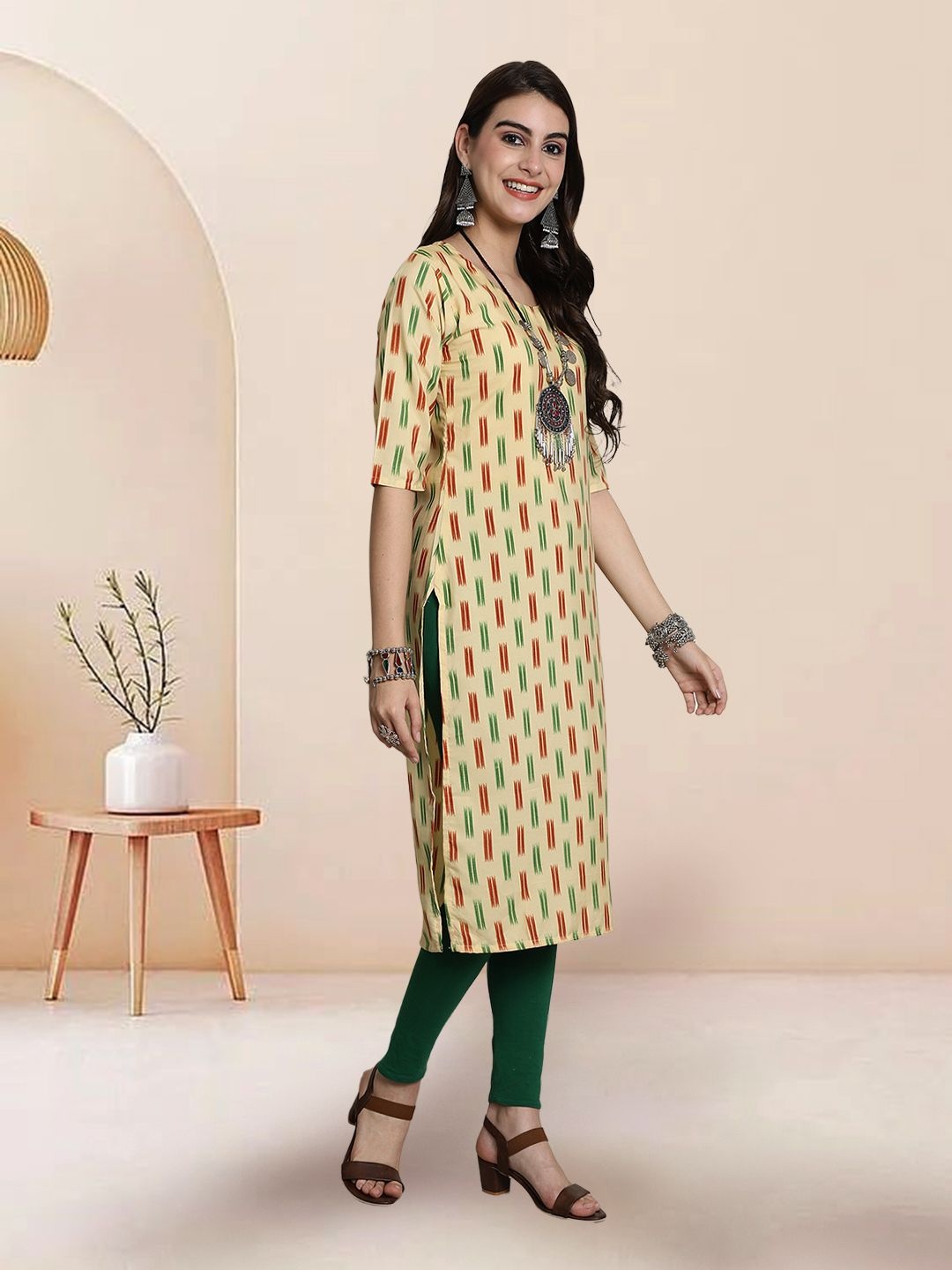 

7Threads Selection of 2 Geometric Printed Round Neck Straight Kurtas, Yellow
