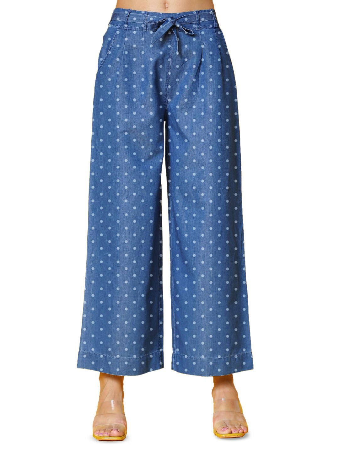 

Novio Women Polka Dot Printed Wide Leg Palazzos, Blue