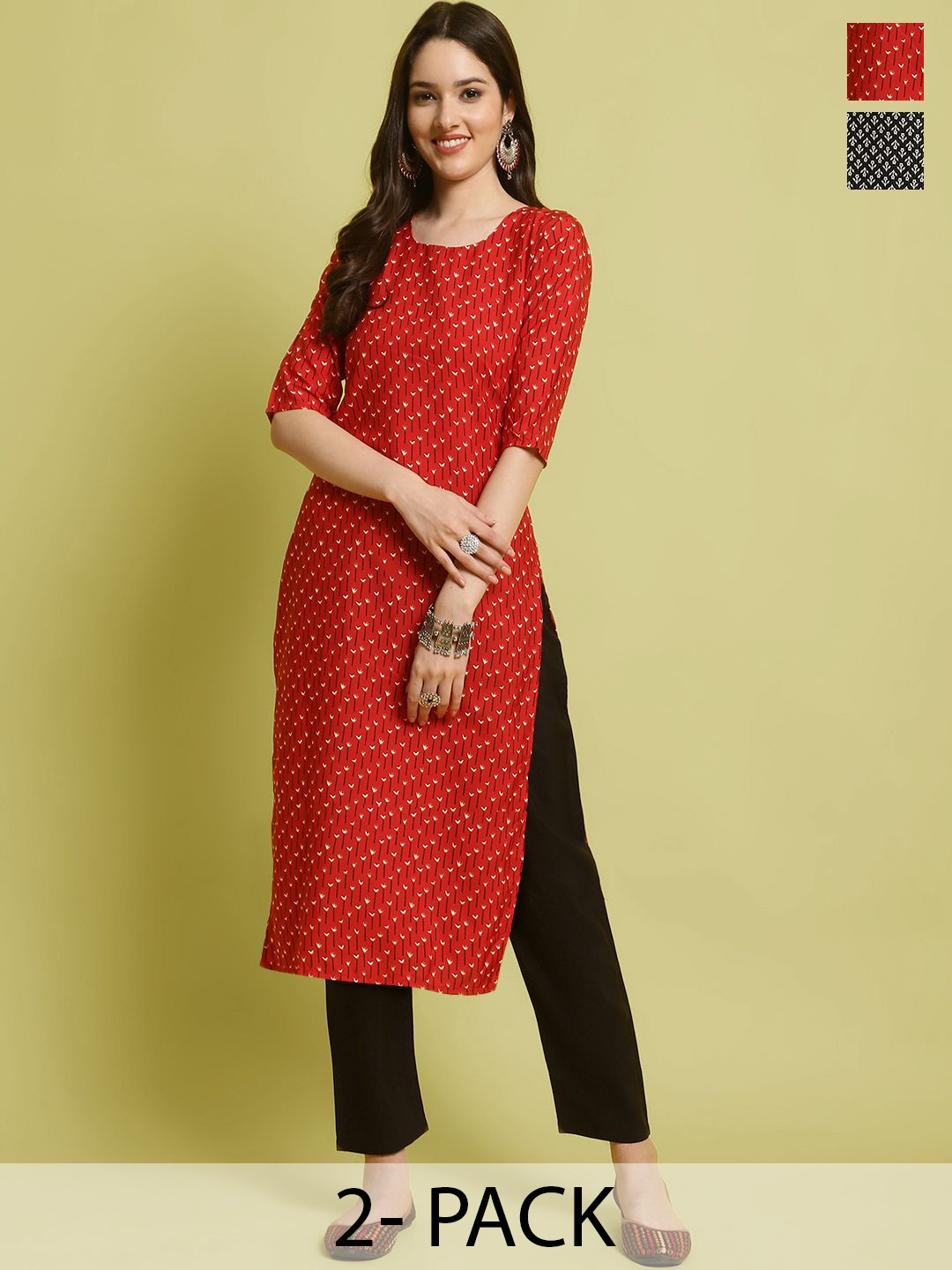 

7Threads Selection Of 2 Floral Printed Round Neck Straight Kurta With Trousers, Red