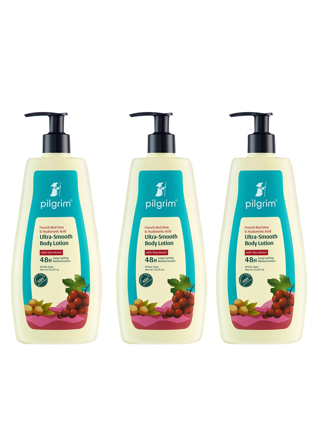 

Pilgrim Set of 3 French Red Vine & Hyaluronic Acid Ultra-Smooth Body Lotion - 400 ml each, Blue
