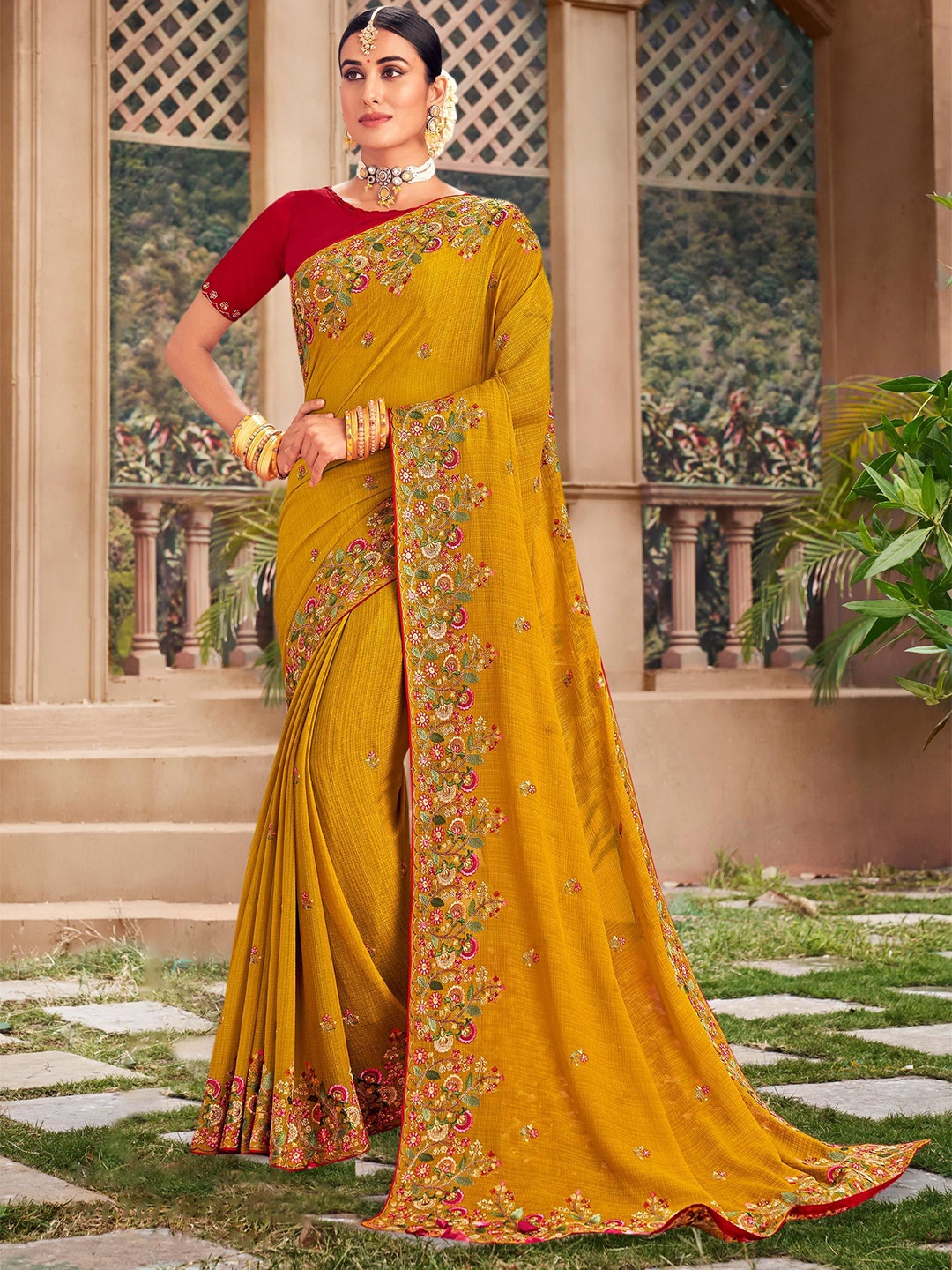 

Laxmipati Floral Beads and Stones Poly Chiffon Saree, Mustard