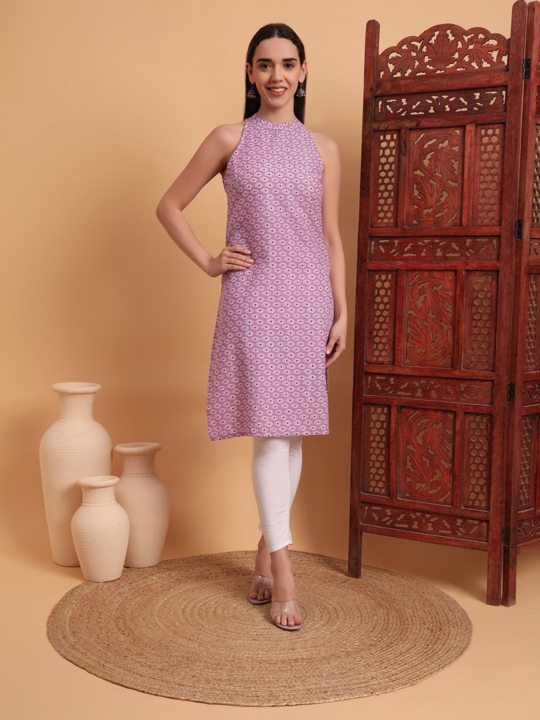 

Anouk Rustic Geometric Printed Halter Neck Straight Kurta, Lavender