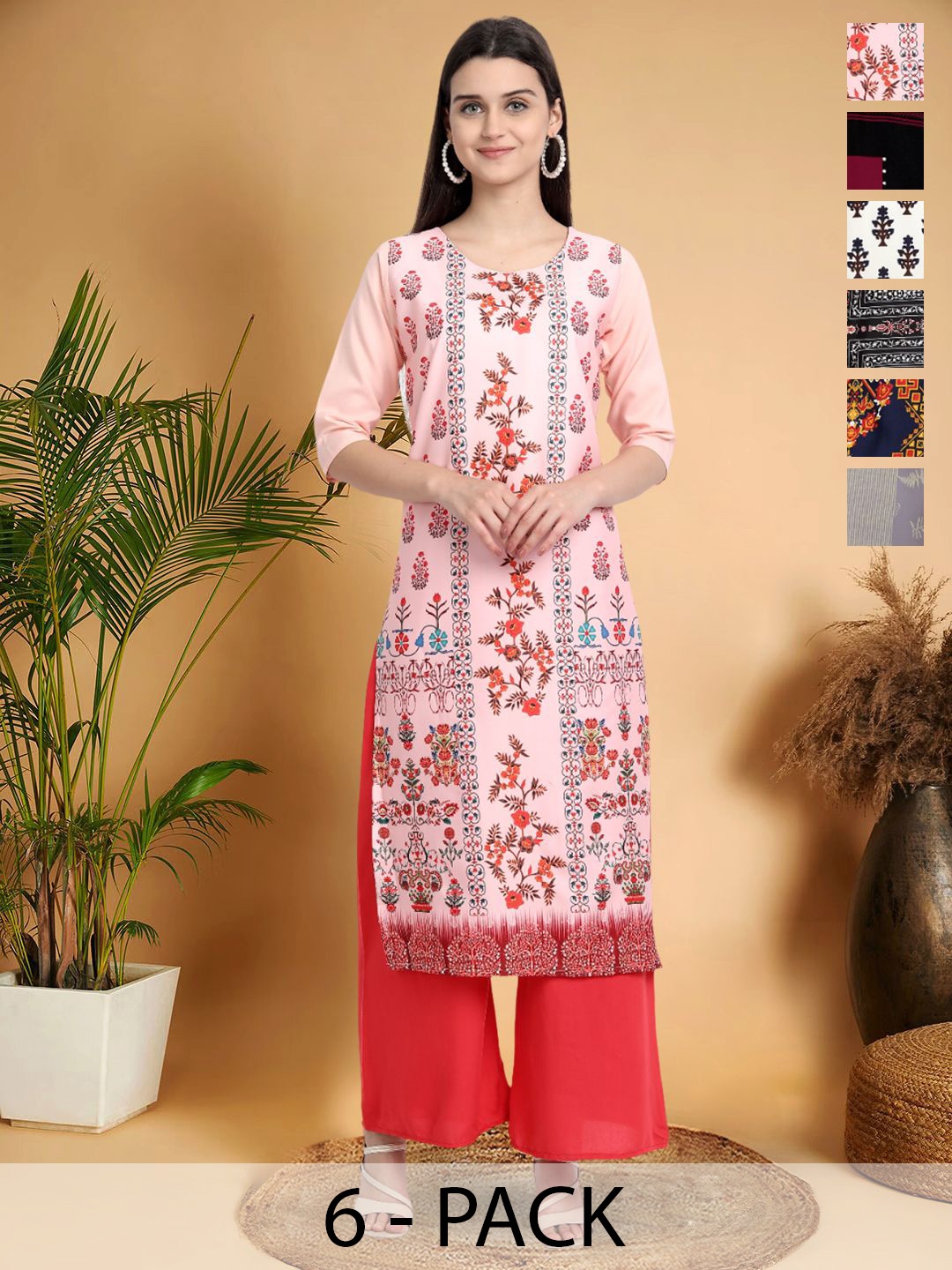 

7Threads Selection Of 6 Floral Printed Round Neck Kurtas, Peach