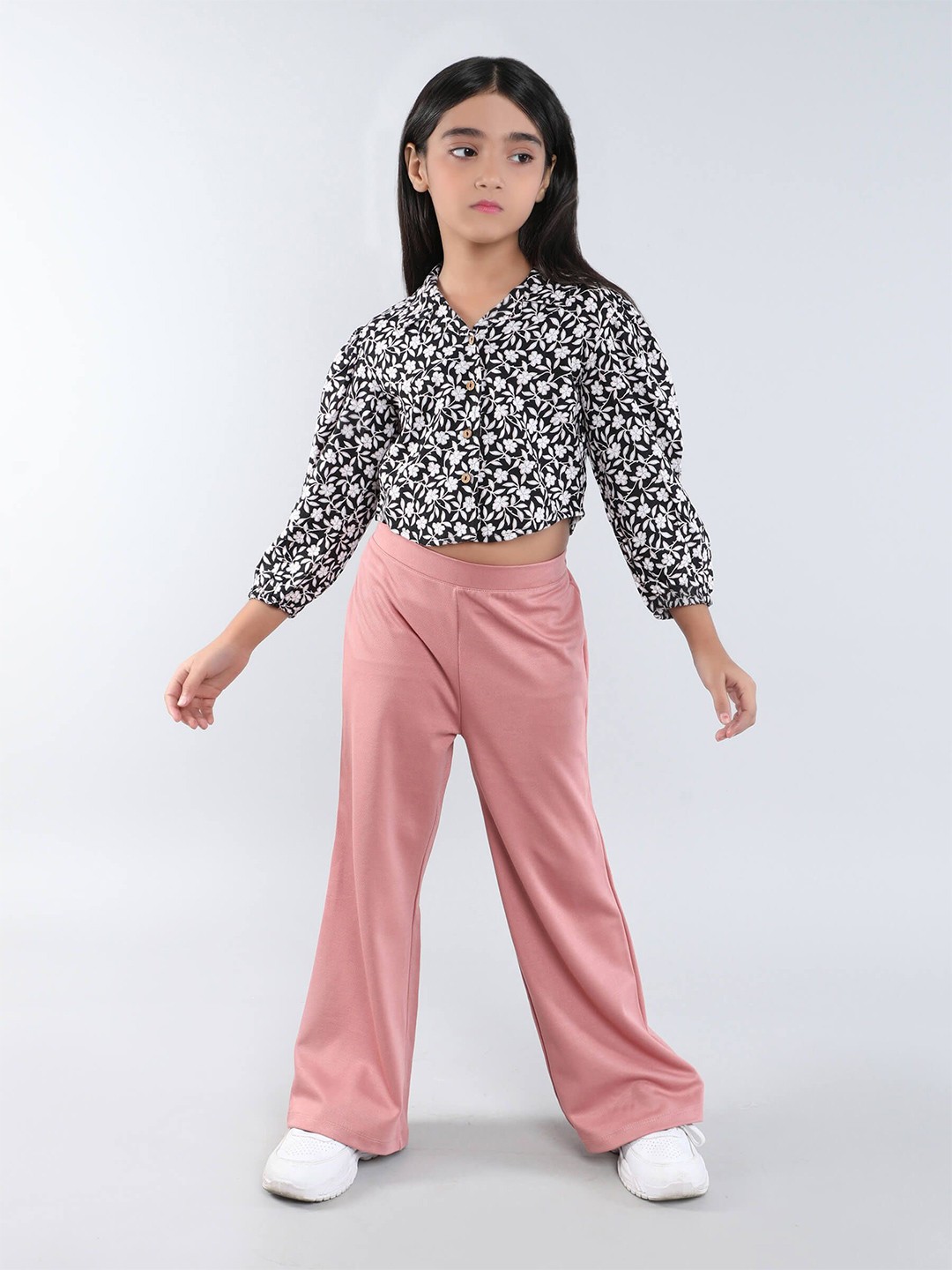 

taffykids Girls Printed Shirt Collar Shirt With Trousers, Black