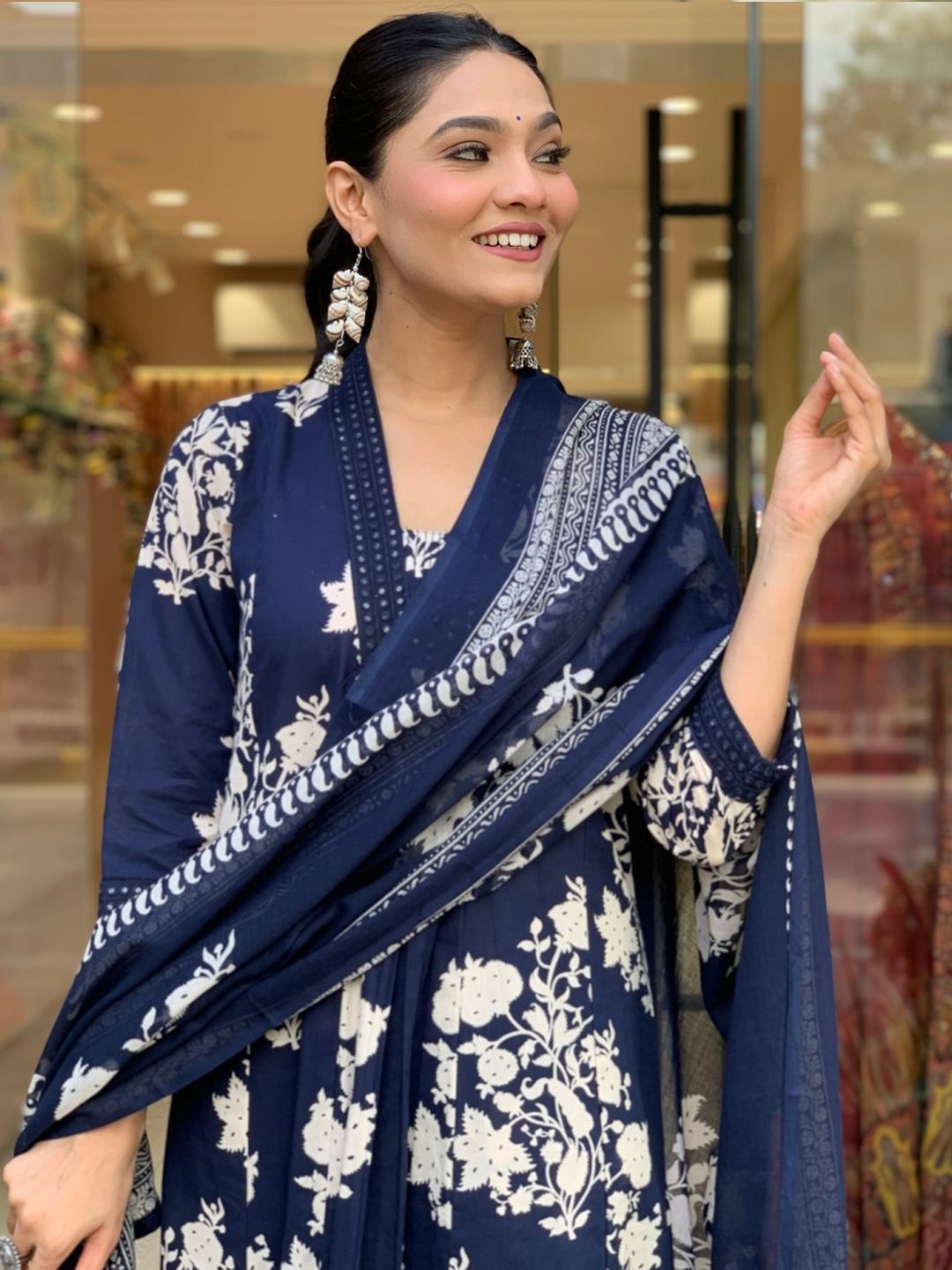 

BAESD Floral Printed V-Neck A-Line Kurta With Palazzos And Dupatta, Navy blue
