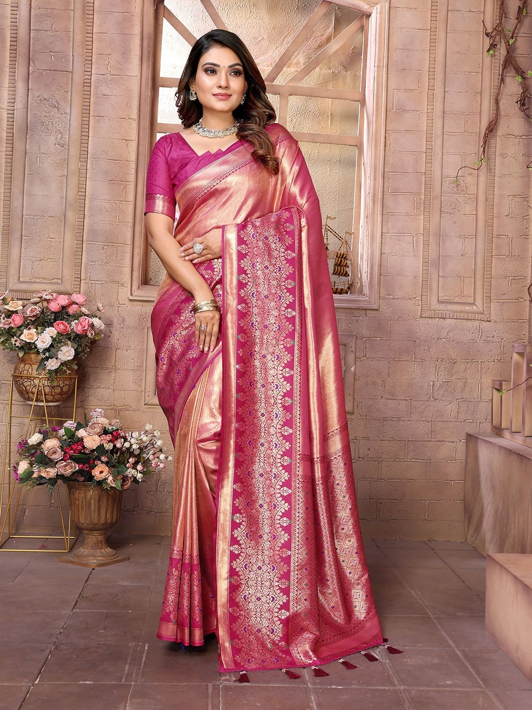 

Mitera Woven Design Zari Silk Blend Designer Banarasi Saree, Pink