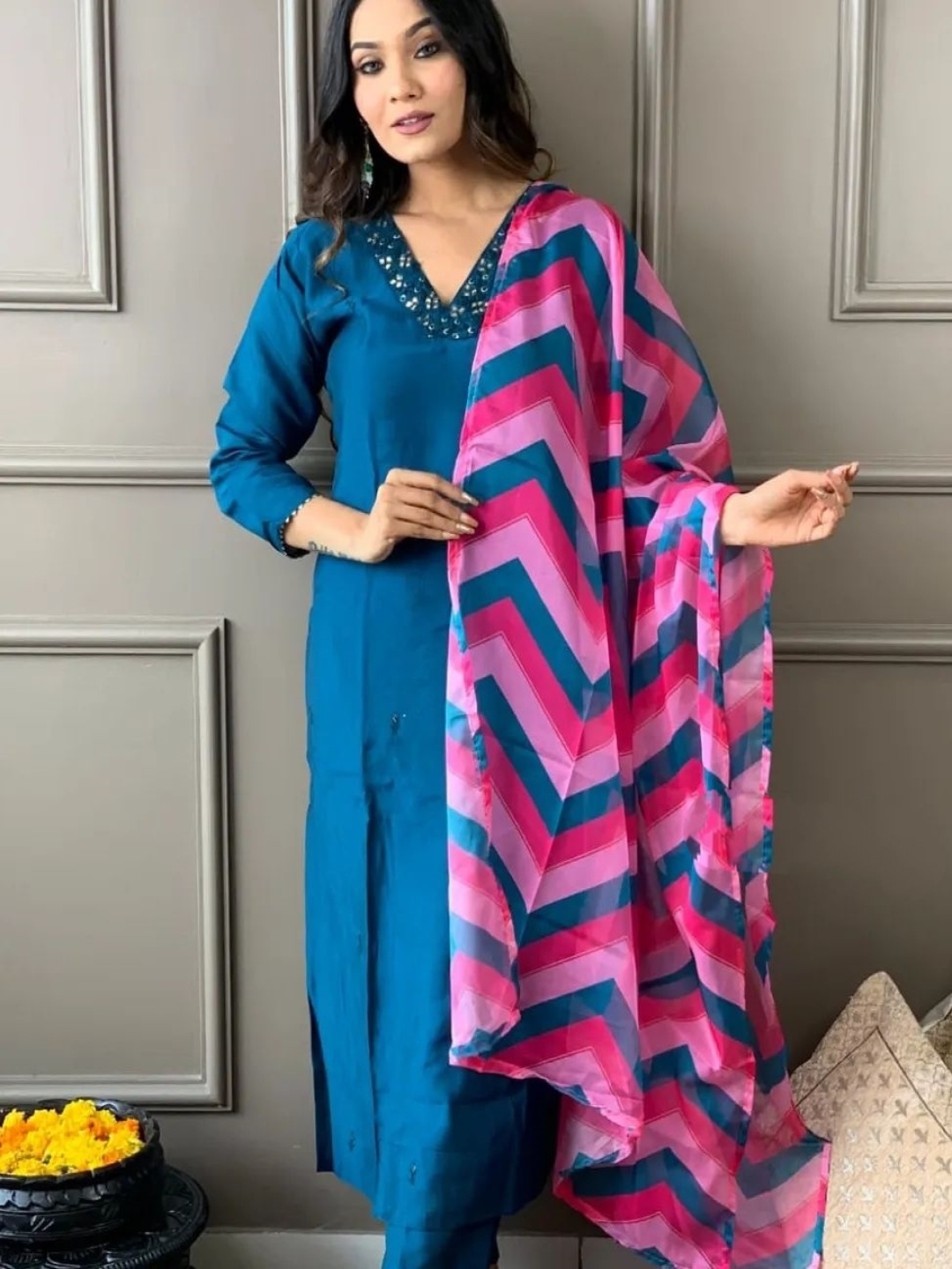 

Growdamy Women Yoke Design Regular Mirror Work Kurta with Trousers & With Dupatta, Blue
