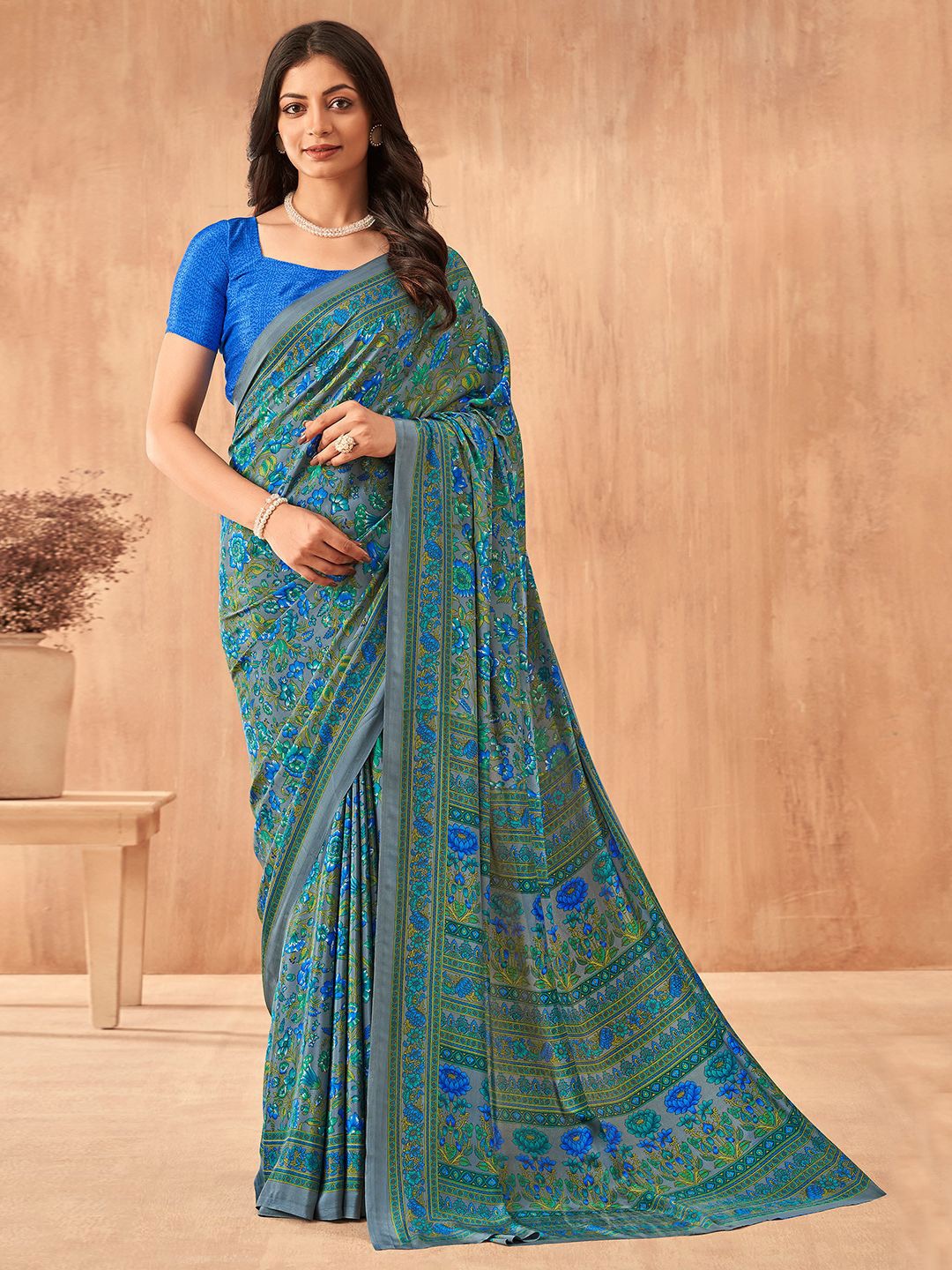 

Panzora Floral Poly Crepe Designer Saree, Blue