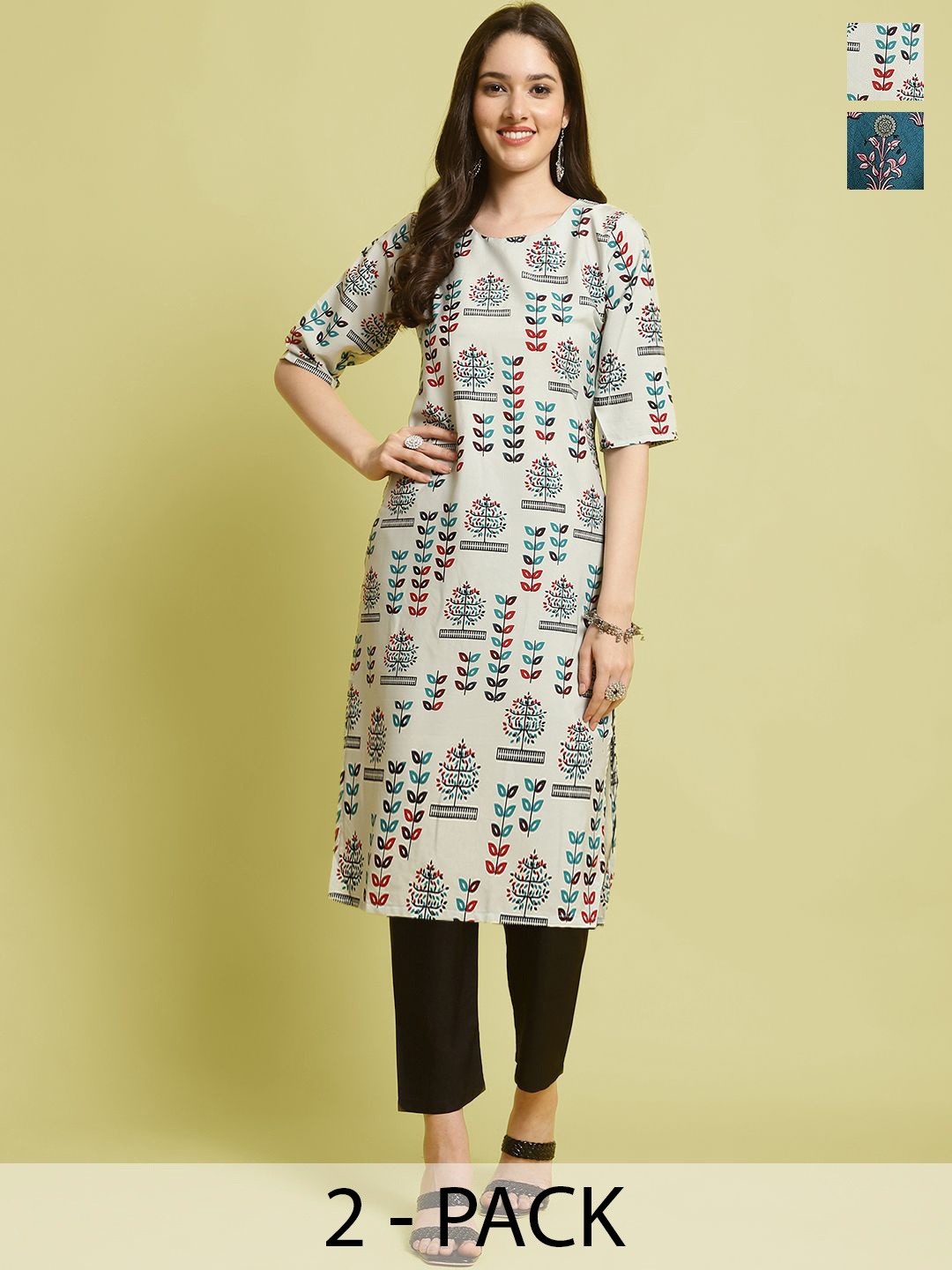 

7Threads Selection Of 2 Floral Printed Straight Kurta With Trousers, Beige