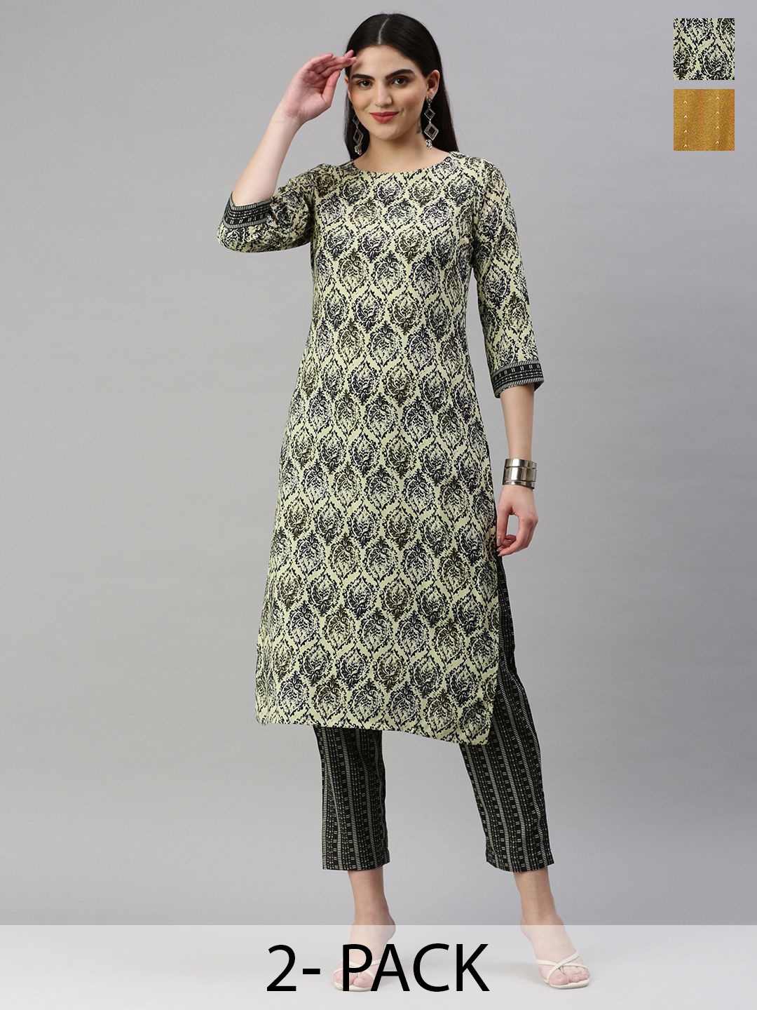

KALINI Selection Of 2 Ethnic Motifs Round Neck Straight Kurtas with Trousers, Green