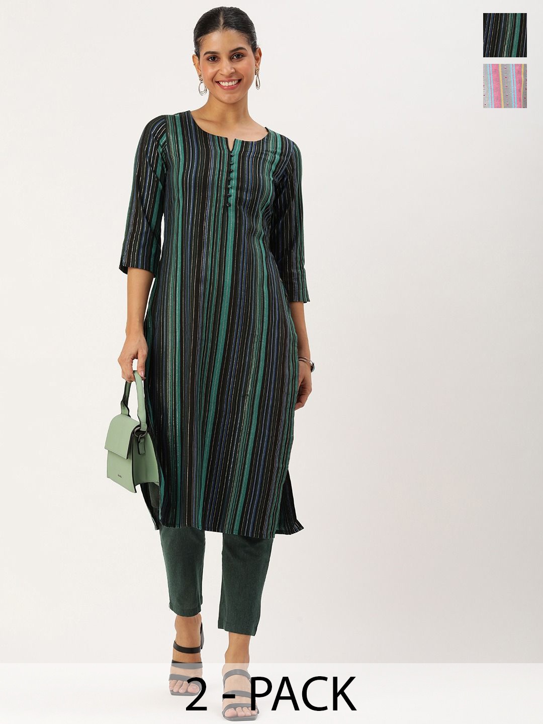 

KALINI Selection of 2 Striped Notch Neck Straight Kurtas with Trousers, Olive
