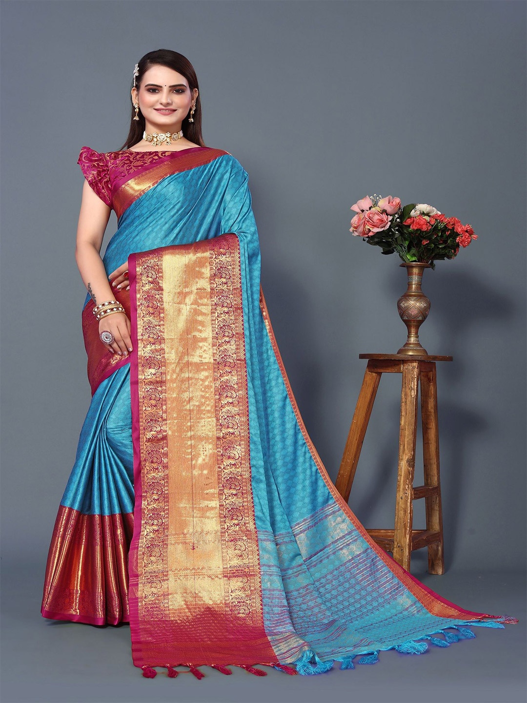 

A TO Z CART Woven Design Zari Silk Blend Banarasi Saree, Blue
