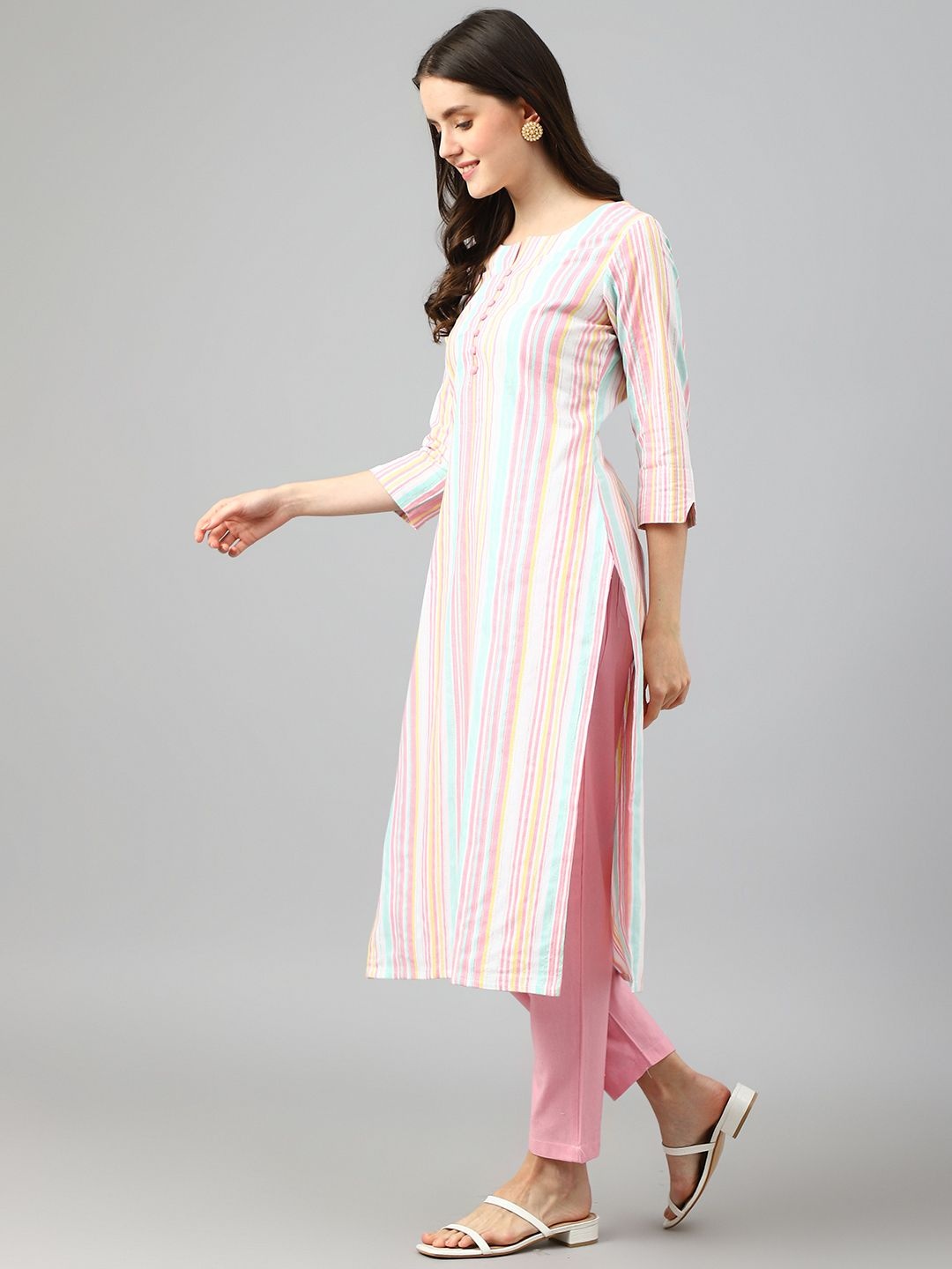 

KALINI Selection Of 2 Striped Round Neck Straight Kurtas with Trousers, Peach