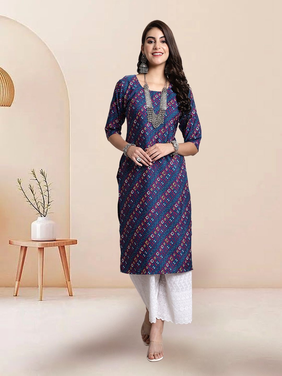 

7Threads Selection Of 4 Geometric Printed Round Neck Straight Kurtas, Blue