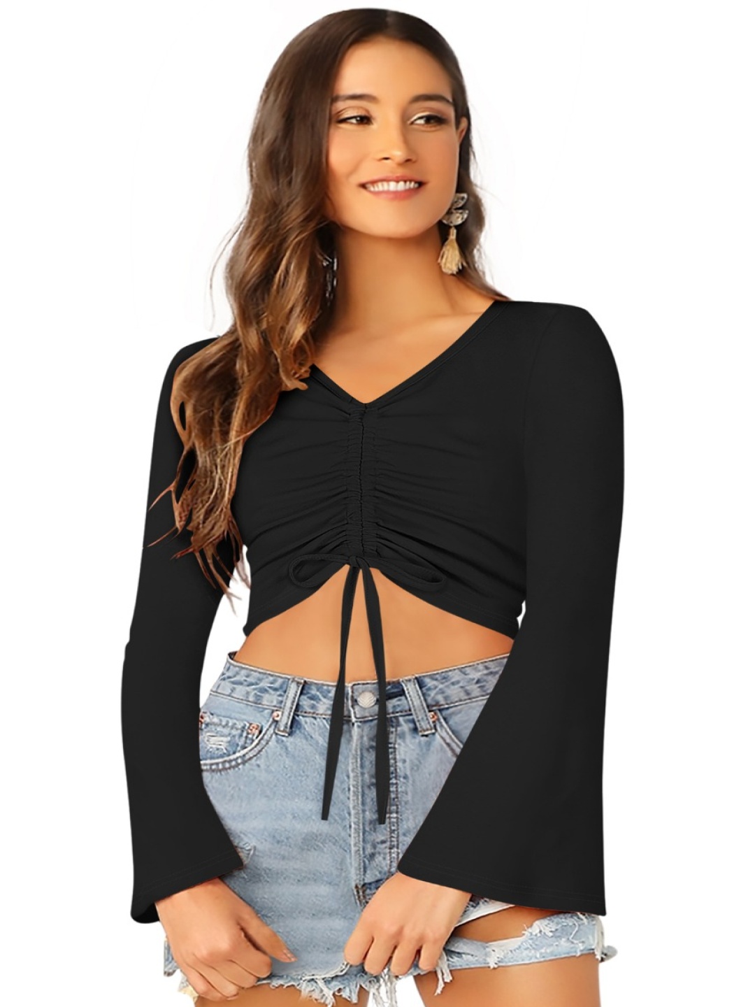 

Sanwariya Silk Bell Sleeve Crop Top, Black