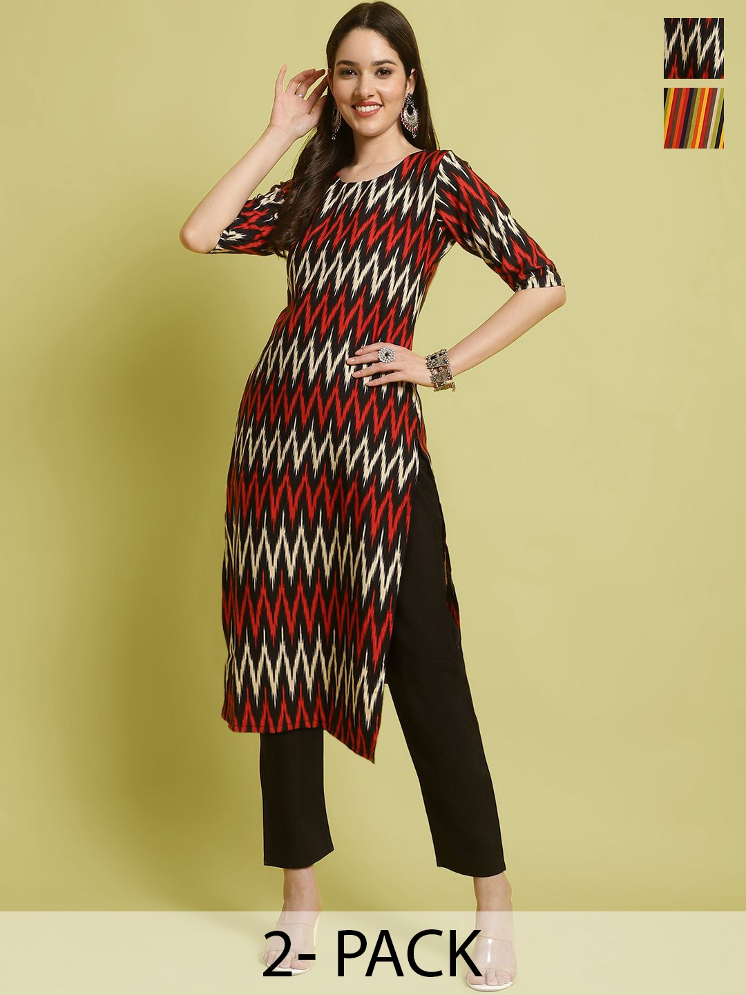 

7Threads Selection Of 2 Chevron Printed Straight Kurta With Trousers, Black