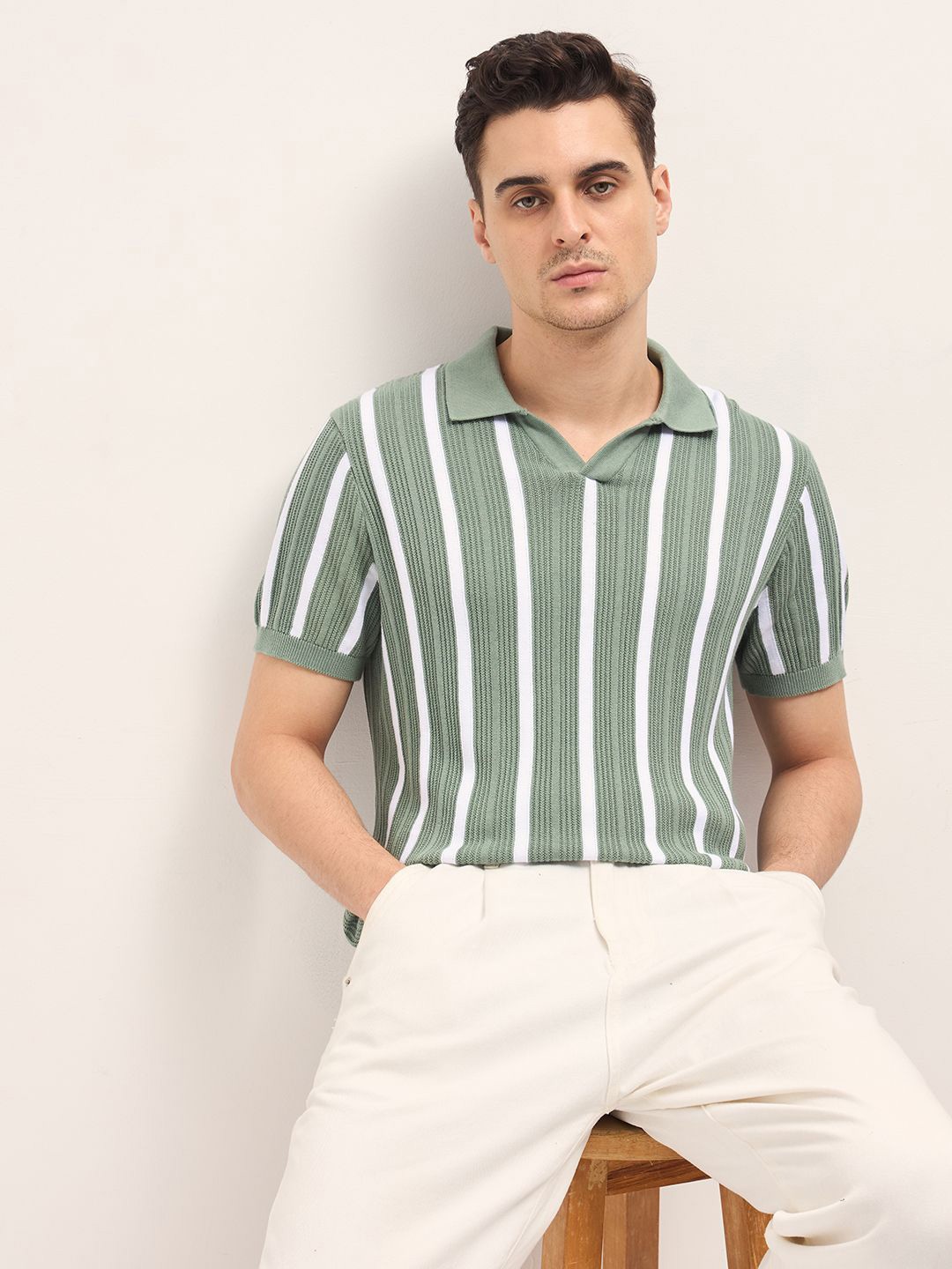 

THE BEAR HOUSE Men Striped Polo Collar T-shirt, Green