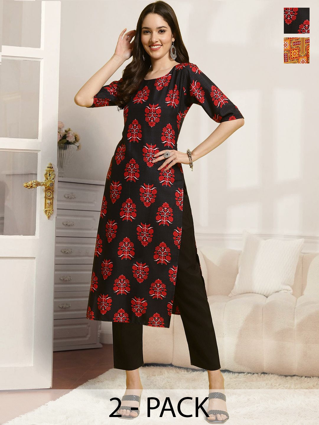 

7Threads Selection Of 2 Ethnic Motifs Printed Round Neck Straight Kurtas With Trousers, Red