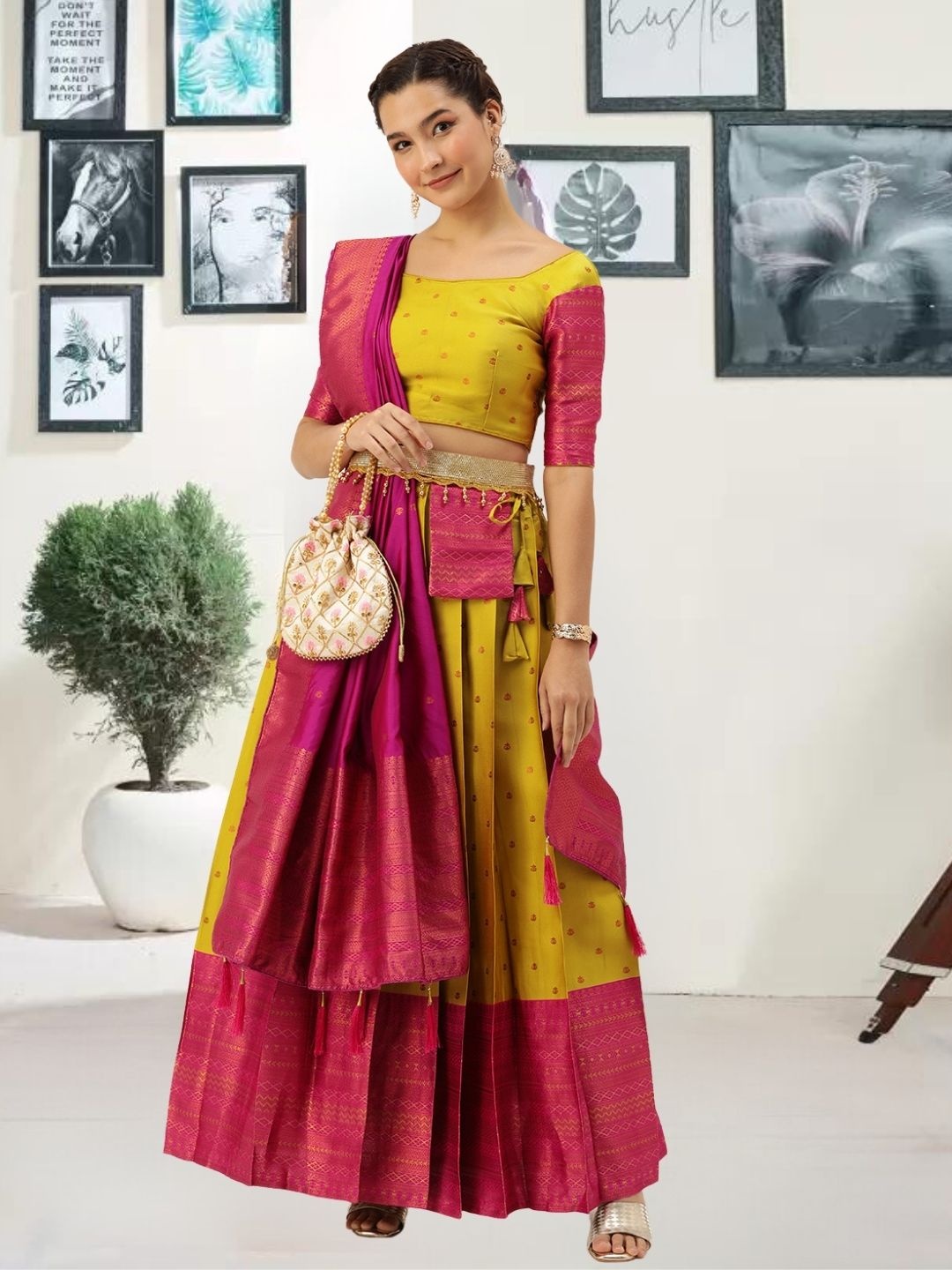

MAGMINA Ethnic Motifs Woven Design Semi-Stitched Lehenga & Unstitched Blouse With Dupatta, Yellow