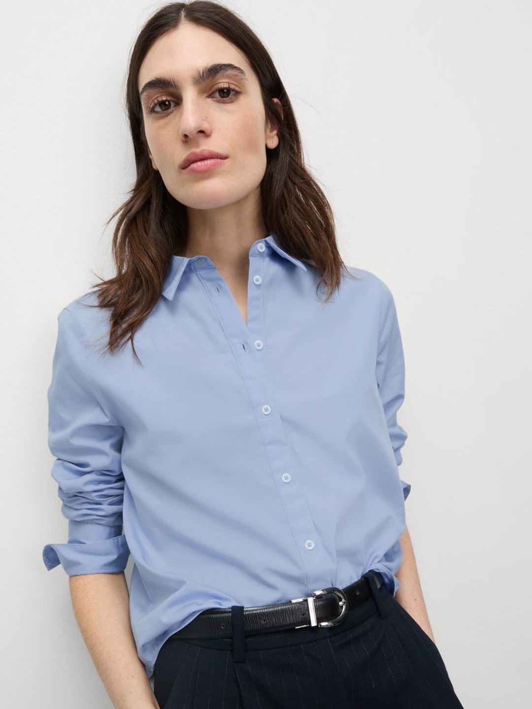 

Marks & Spencer Women Spread Collar Solid Cotton Casual Shirt, Blue