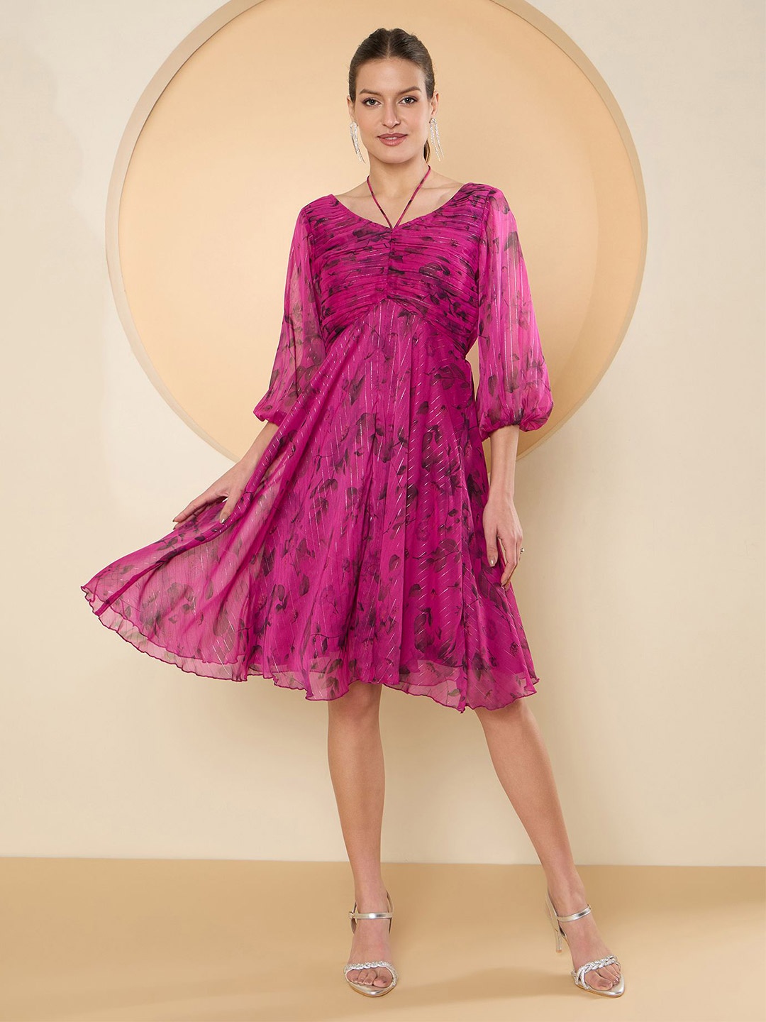 

Antheaa Floral Puff Sleeve Chiffon Empire Dress, Fuchsia