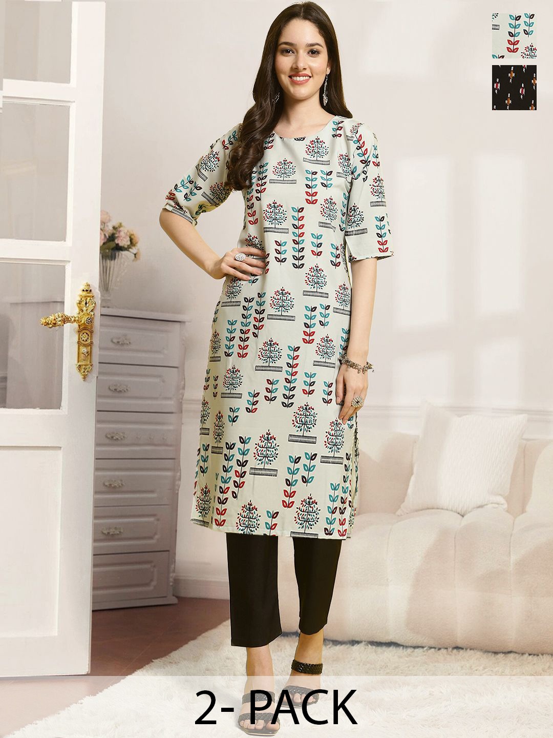 

7Threads Selection Of 2 Ethnic Motifs Printed Round Neck Straight Kurtas With Trousers, Grey