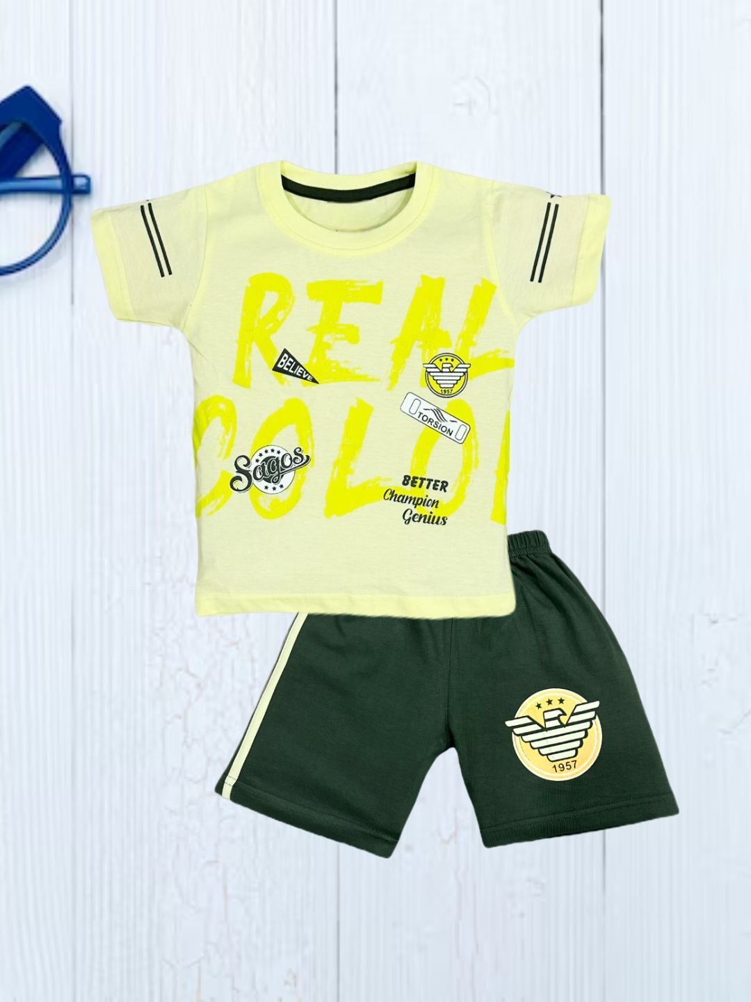 

FASHION GRAB Kids Printed Pure Cotton T-Shirt With Shorts, Yellow