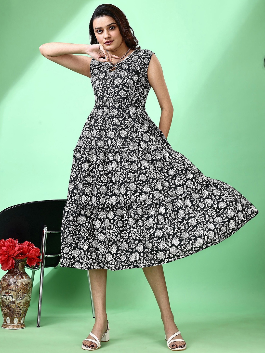 

KALINI Floral Print Fit & Flare Dress, Black