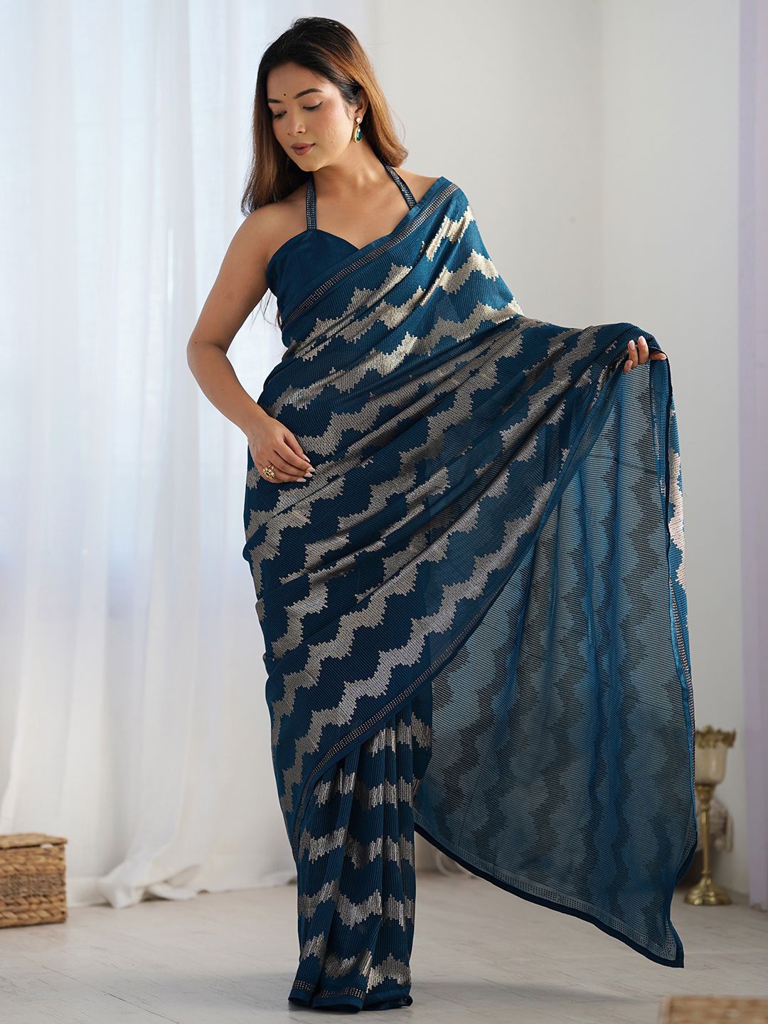 

Panzora Striped Sequinned Poly Georgette Designer Saree, Teal