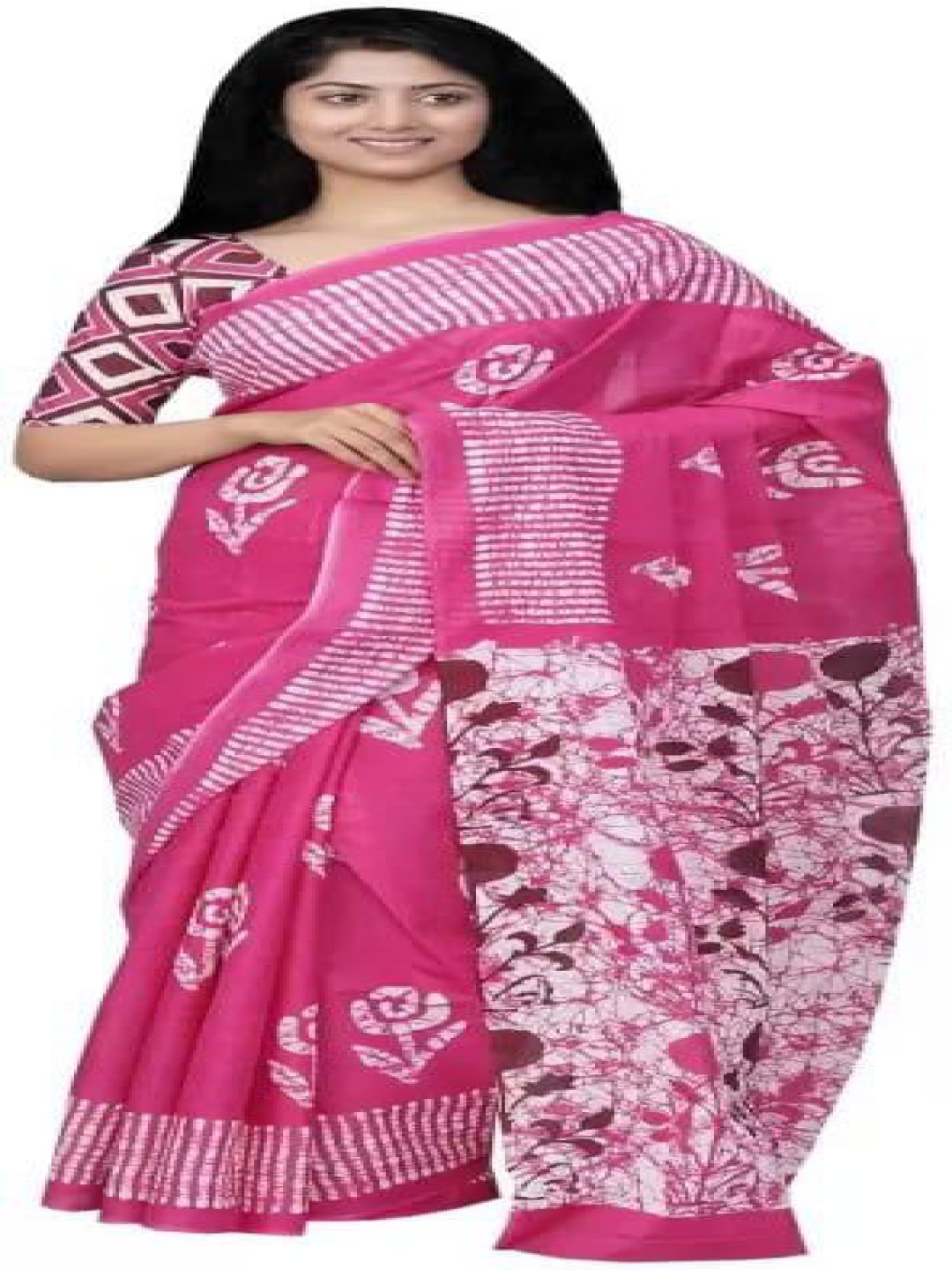 

KIAARON Ethnic Motifs Pure Cotton Block Print Saree, Pink