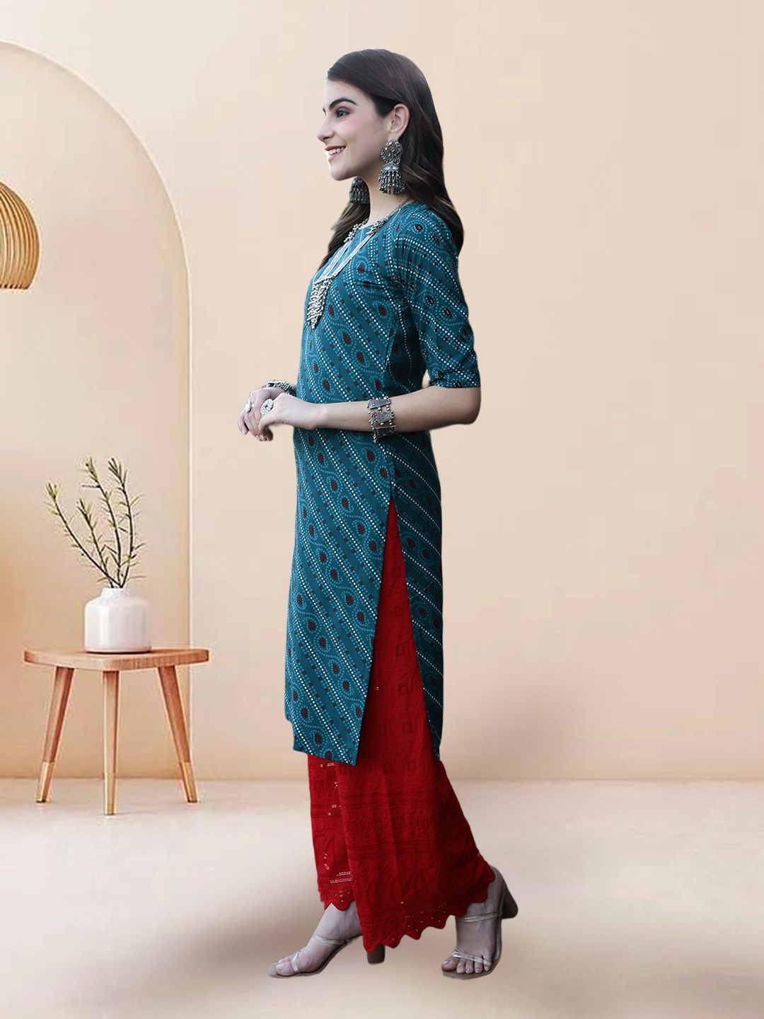 

7Threads Selection Of 3 Paisley Printed Round Neck Straight Kurtas, Blue