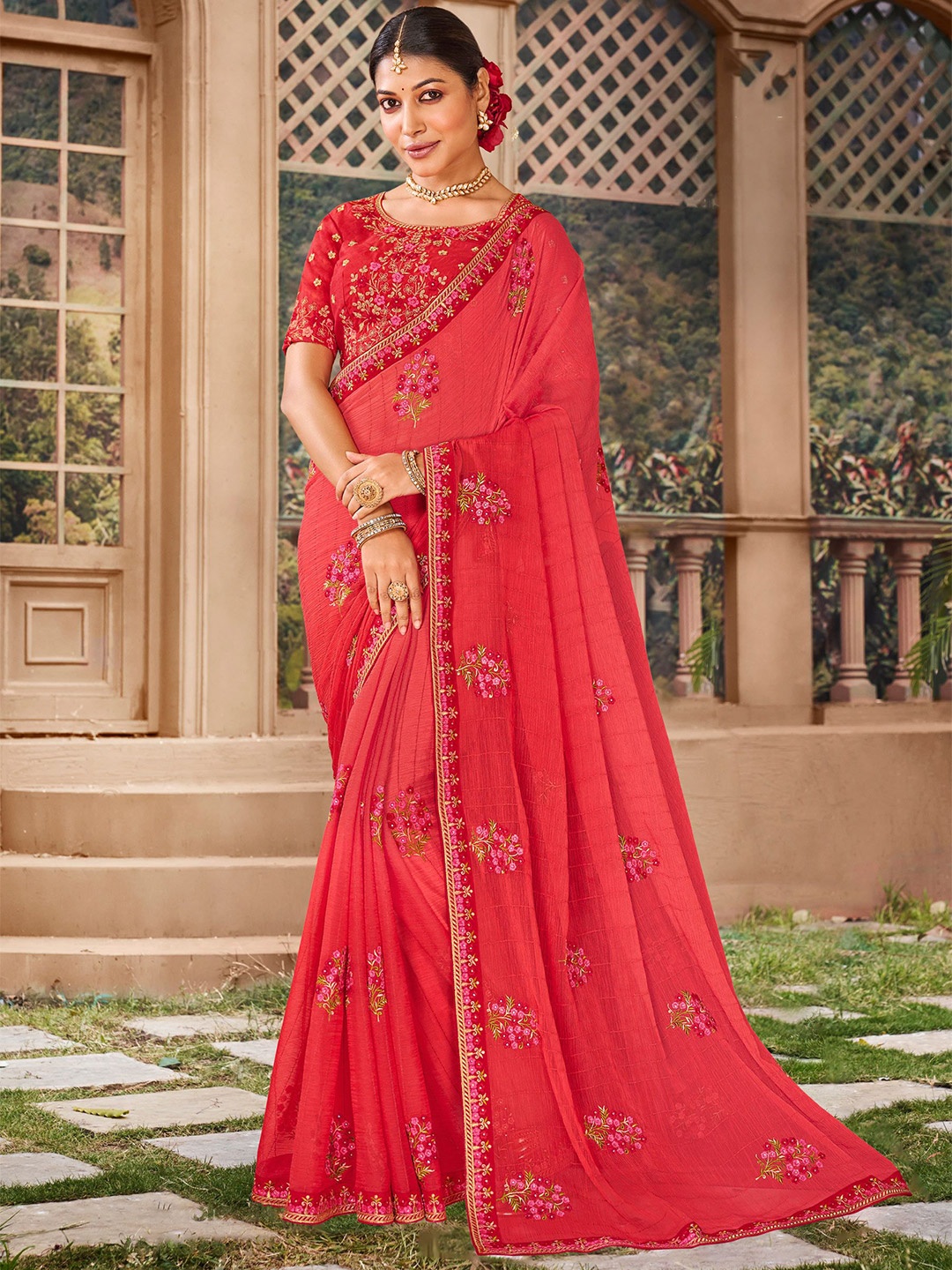 

Laxmipati Floral Embroidered Poly Chiffon Saree, Red