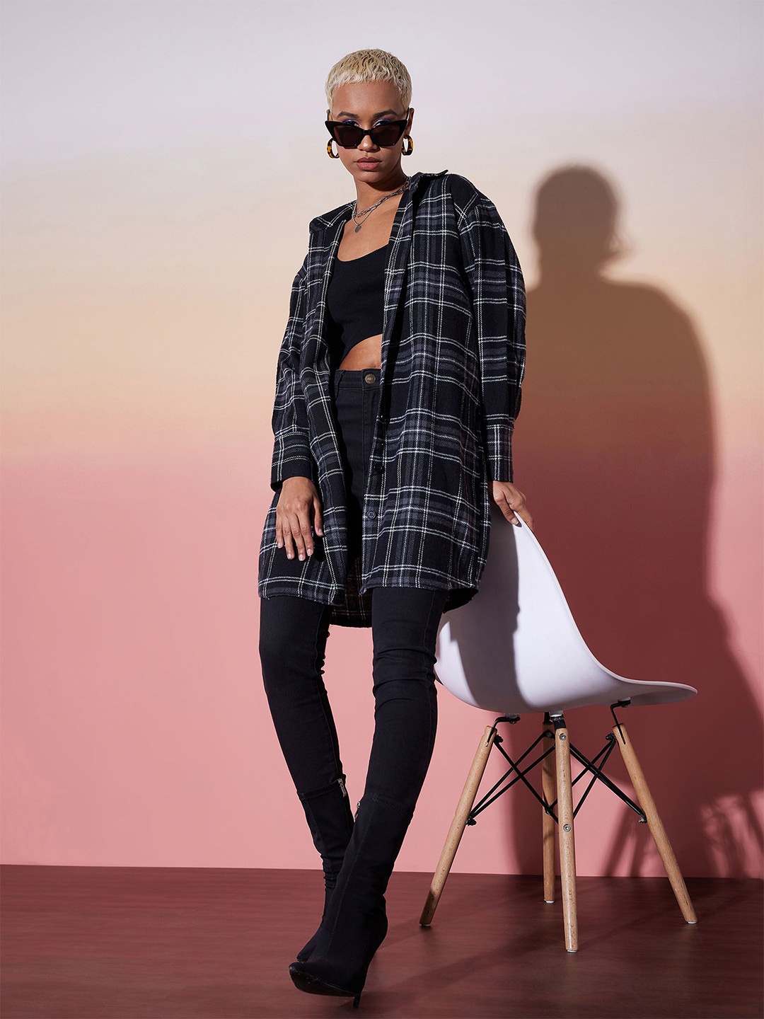 

SASSAFRAS Checked Shirt Dress, Black